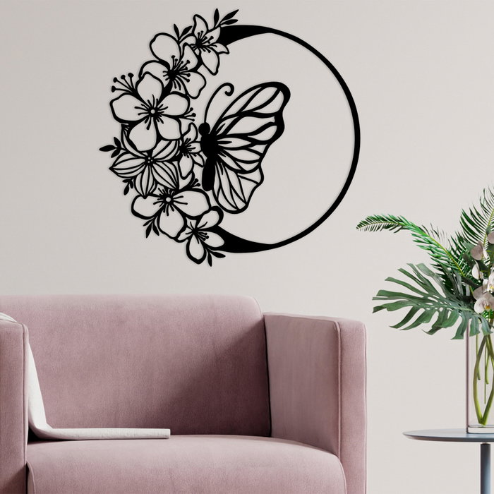 Wallity Butterfly And Flower Escultura de pared de metal negra